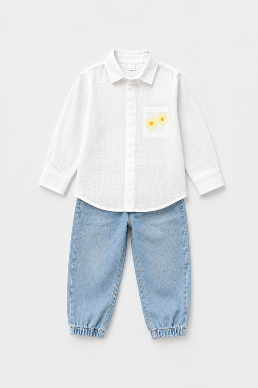 Daisy Pocket Shirt & Denim Jogger Set for kids by Buds
