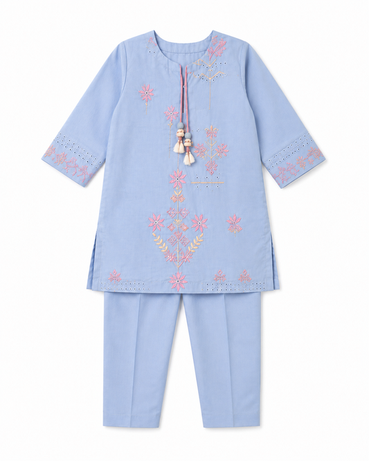 Periwinkle Embroidered Kurta Set for kids by Buds