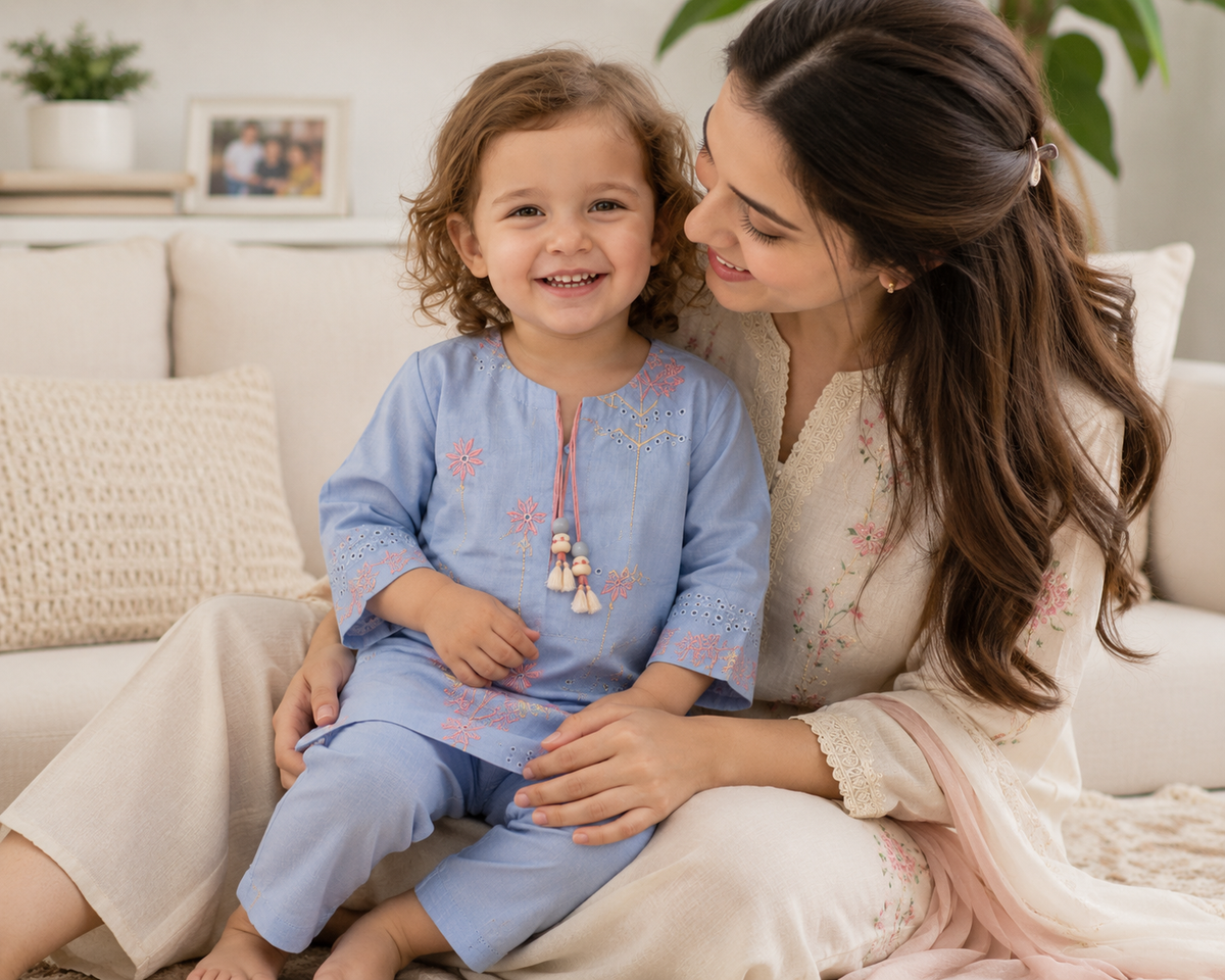 Periwinkle Embroidered Kurta Set - view 5